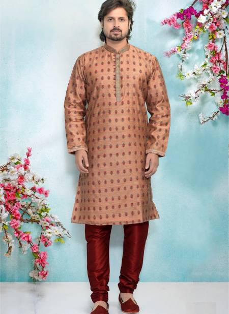 Peach Colour Party And Function Wear Traditional Pure Jaquard Silk Brocade Kurta Pajama Redymade Collection 1032-8380
